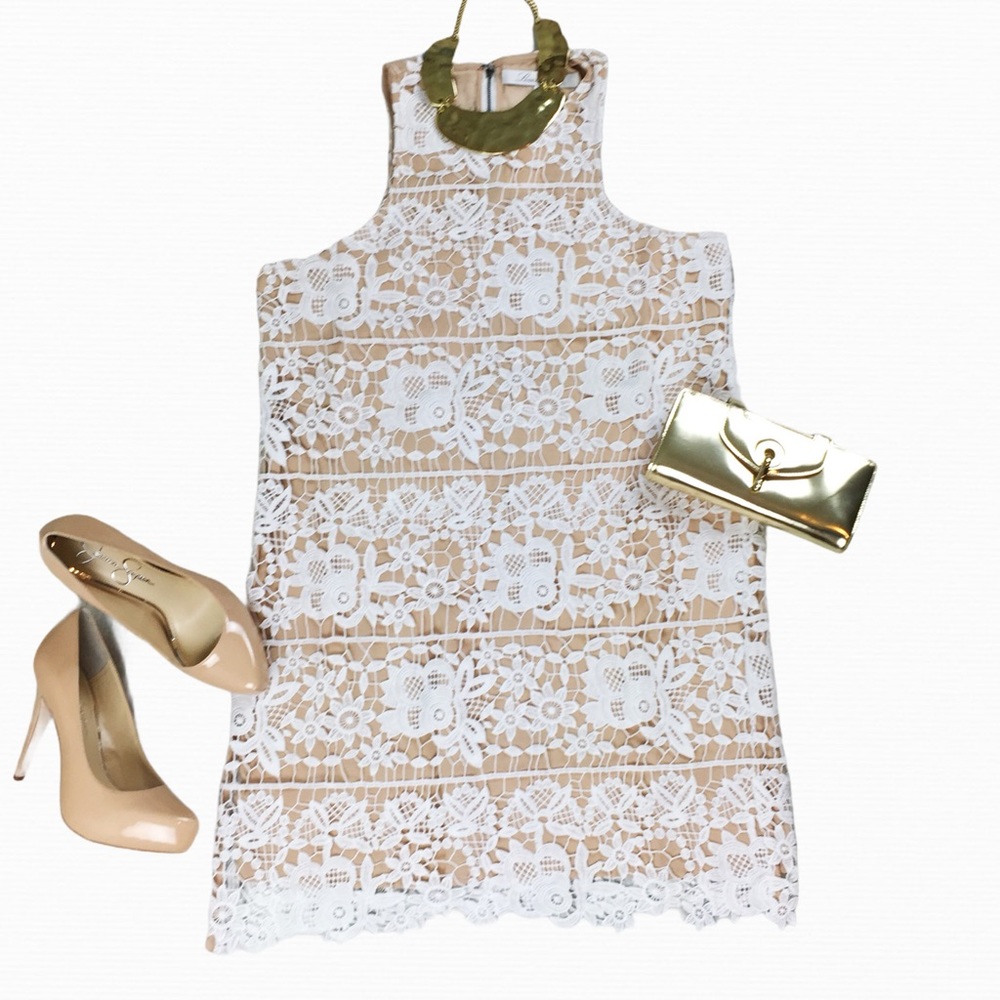 Lovers and Friends White Tan Nude Caspian Chunky Lace Shift Dress Medium Large - Picture 2 of 14